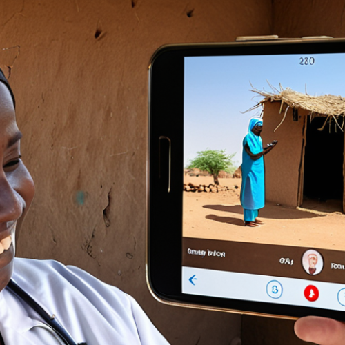 Home 23 A digital illustration depicting a person using a telemedicine app on their smartphone in a rural Sudanese setting. The background shows a simple dwelling, and the person appears relieved and happy while consulting with a doctor on the screen. Emphasize the convenience and accessibility of telemedicine.