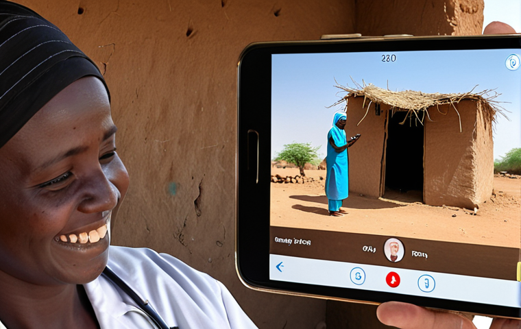 A digital illustration depicting a person using a telemedicine app on their smartphone in a rural Sudanese setting. The background shows a simple dwelling, and the person appears relieved and happy while consulting with a doctor on the screen. Emphasize the convenience and accessibility of telemedicine.