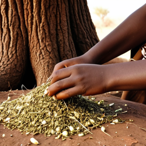 Home 22 **Sudanese Harráz Tree Medicine:** Close-up of a Sudanese woman preparing a traditional herbal remedy from the bark of the Harráz tree. Focus on the earthy tones and natural ingredients, showing the process of boiling the bark for medicinal use.