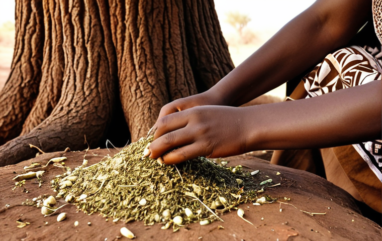 **Sudanese Harráz Tree Medicine:** Close-up of a Sudanese woman preparing a traditional herbal remedy from the bark of the Harráz tree. Focus on the earthy tones and natural ingredients, showing the process of boiling the bark for medicinal use.