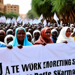 **

A group of Sudanese people, fully clothed in modest, traditional attire, participating in a peaceful demonstration in a city square. Banners with pro-democracy slogans are visible. The scene conveys hope and determination. Safe for work, appropriate content, professional, perfect anatomy, natural proportions, high quality.

**