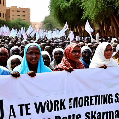 Home 9 **
A group of Sudanese people, fully clothed in modest, traditional attire, participating in a peaceful demonstration in a city square. Banners with pro-democracy slogans are visible. The scene conveys hope and determination. Safe for work, appropriate content, professional, perfect anatomy, natural proportions, high quality.
**