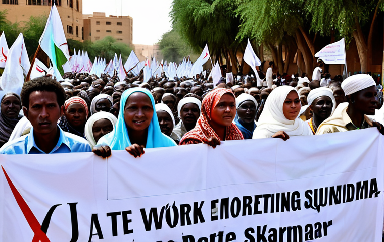 **

A group of Sudanese people, fully clothed in modest, traditional attire, participating in a peaceful demonstration in a city square. Banners with pro-democracy slogans are visible. The scene conveys hope and determination. Safe for work, appropriate content, professional, perfect anatomy, natural proportions, high quality.

**