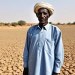 수단 나일강 수자원 갈등 - "A fully clothed Sudanese farmer standing in a dry field near the Nile River, looking worried, modes...