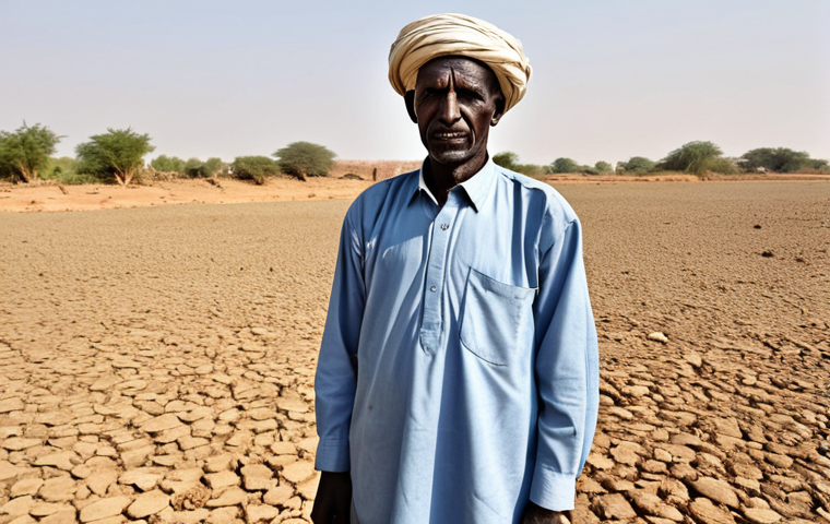 수단 나일강 수자원 갈등 - "A fully clothed Sudanese farmer standing in a dry field near the Nile River, looking worried, modes...