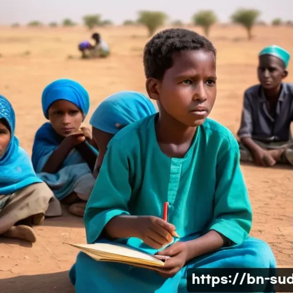 수단 공교육 실태 - **Prompt:** A group of resilient Sudanese children, aged between 6 and 12, are gathered in an open, ...