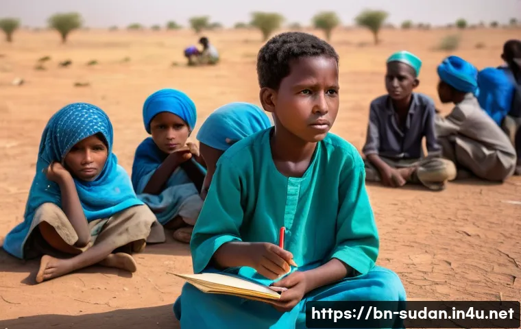 수단 공교육 실태 - **Prompt:** A group of resilient Sudanese children, aged between 6 and 12, are gathered in an open, ...