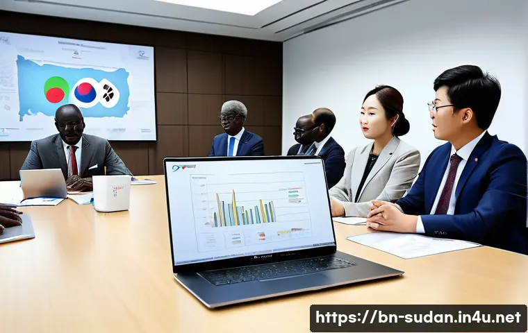 수단 한 수단 무역 협정 - A vibrant business meeting scene between South Korean and Sudanese professionals in a modern confere...