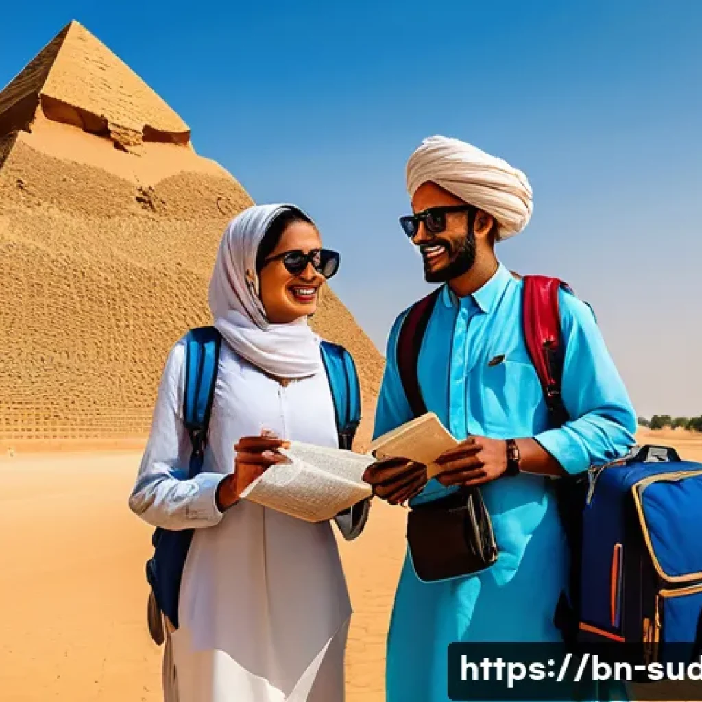 수단 여행 비자 발급법 - A professional scene depicting a Bengali tourist couple at Sudan&rsquo;s historic pyramids, dressed in mod...