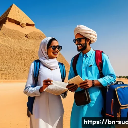 Home 32 수단 여행 비자 발급법 - A professional scene depicting a Bengali tourist couple at Sudan’s historic pyramids, dressed in mod...
