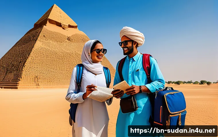 수단 여행 비자 발급법 - A professional scene depicting a Bengali tourist couple at Sudan&rsquo;s historic pyramids, dressed in mod...