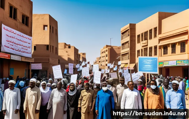 수단 민주화 운동 - A vibrant street scene in Sudan showing a diverse group of people from different ethnic backgrounds ...