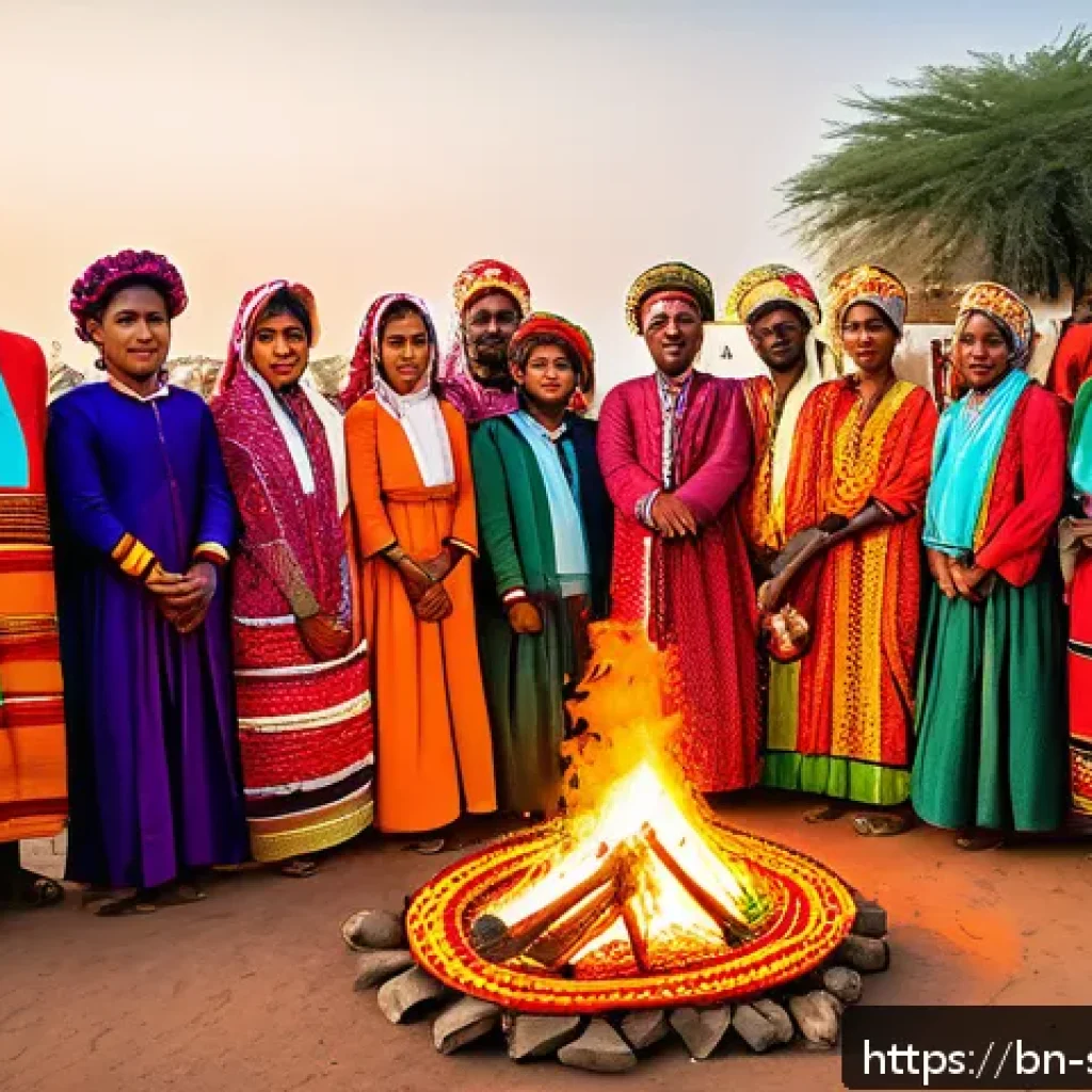 수단 새해맞이 전통 - A vibrant Sudanese New Year festival scene featuring men and women dressed in colorful traditional g...