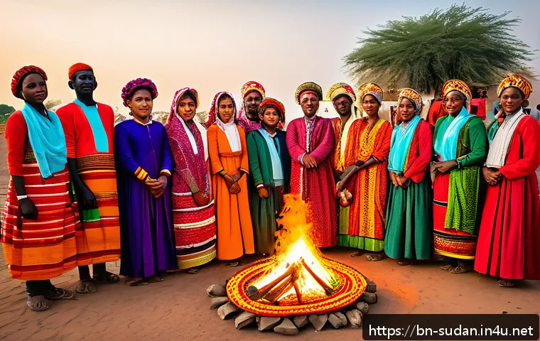 수단 새해맞이 전통 - A vibrant Sudanese New Year festival scene featuring men and women dressed in colorful traditional g...