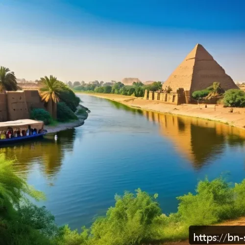 Home 17 수단 나일강 크루즈 여행 - An ancient Nile riverbank scene featuring a detailed archaeological site with ancient Egyptian and S...