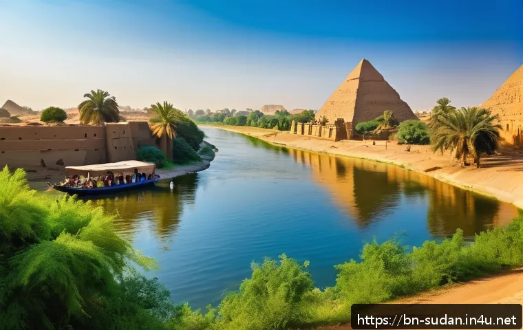 수단 나일강 크루즈 여행 - An ancient Nile riverbank scene featuring a detailed archaeological site with ancient Egyptian and S...