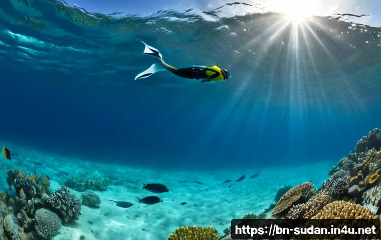 Home 17 수단 홍해 스노클링 스팟 - Photorealistic underwater view at a Sudan Red Sea snorkeling spot, a modest snorkeler wearing a full...